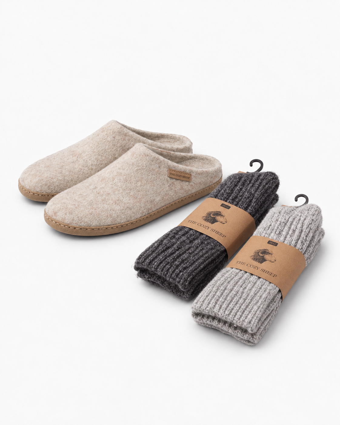 Paketangebot: Filzpantoffeln mit Ledersohle + 2 Paar Wollsocken